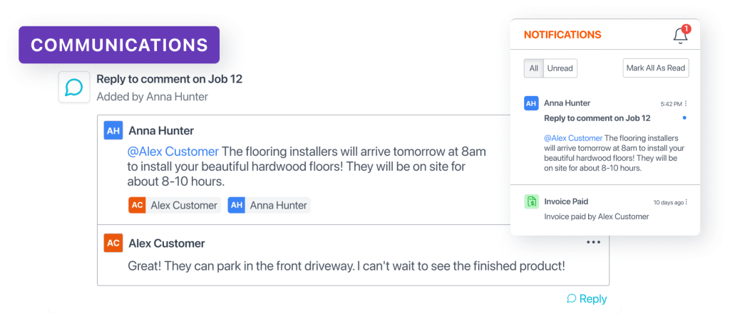 Customer Portal Communications Notifications Reply Customer portal communications and notifications: Anna Hunter replies to Alex Customer.