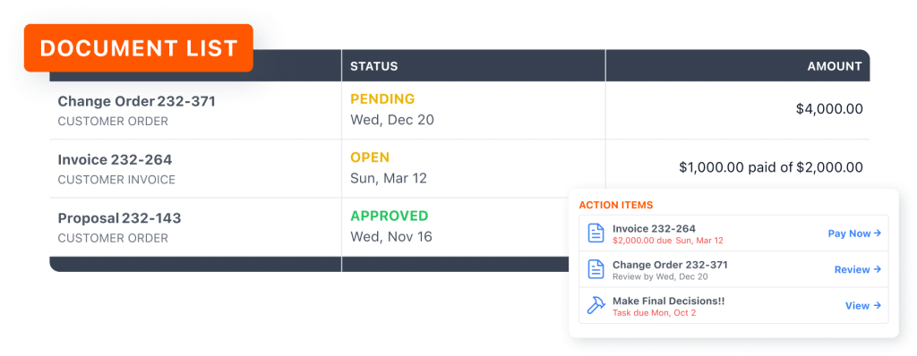 Customer Portal Document List Status Customer portal document list with pending, open, and approved statuses.