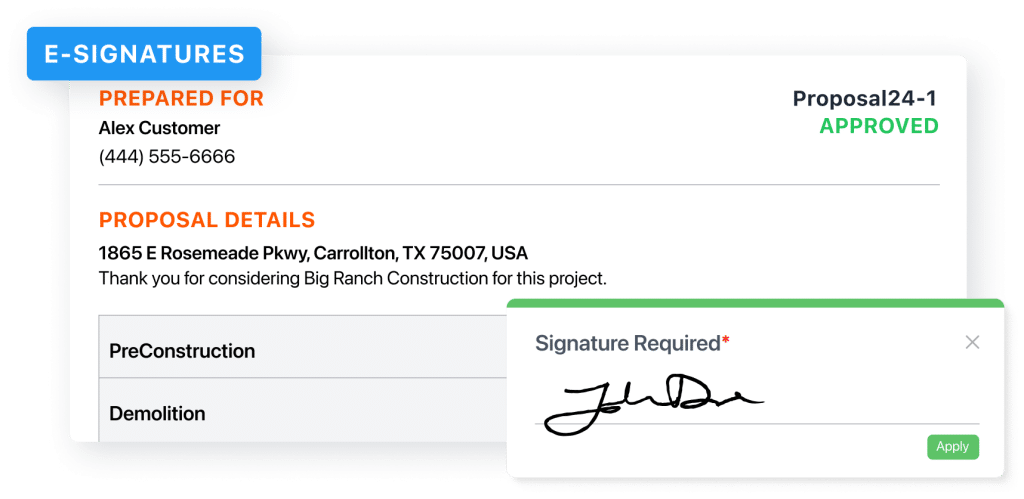 Customer Portal Esignature Proposal Request Customer portal e-signature request with proposal details and signature box.
