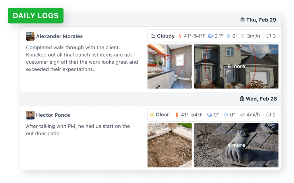 Daily Logs Client Walkthrough Patio Work Daily logs showing completed client walkthrough and patio work, February 28-29.